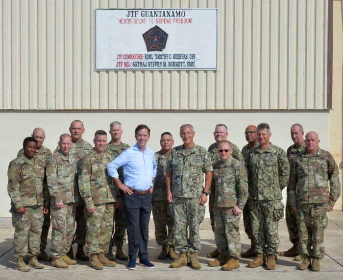 GUANTANAMO BAY, Cuba (Dec. 27, 2019) Governor Ned Lamont and Maj. Gen. Francis Evon, Jr., adjutant general of the Connecticut National Guard, meet with service members at Naval Station Guantanamo Bay (NSGB), Cuba. NSGB is the forward, ready, and irreplaceable sea power platform in the Caribbean, and has supported the Navy's most advanced ships for more than a century. (Credit: U.S. Navy photo by Mass Communication Specialist 2nd Class Kevin J. Steinberg/RELEASED)
