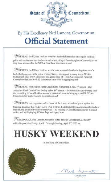 Governor Lamont's proclamation declaring Husky Weekend in Connecticut