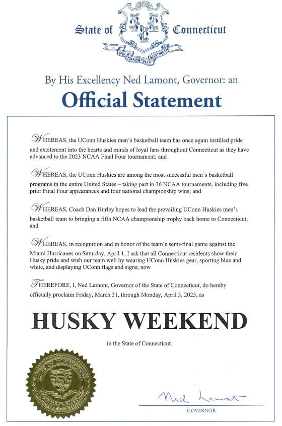 Proclamation from Governor Lamont declaring Husky Weekend