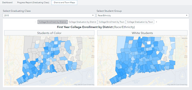 Screenshot of another version of the College Enrollment, Persistence, and Graduation Dashboard
