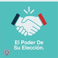 Image of blue and red hands shaking and text: El Poder De Su Elección