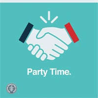 Image of  blue and red hands shaking and text: Party Time.