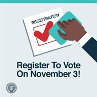 Image of hand and ballot and text: Register to Vote on November 3!