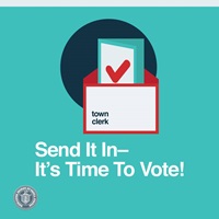 Image of ballot in envelope and text: Send it In - It's Time To Vote!