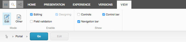 Experience Editor Ribbon View tab with Navigation Bar