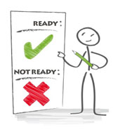 Cartoon Character looking at a paper with READY and NOT READY written on it.