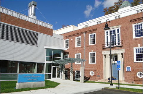 A photo of the public entrance of the Jenkins-Waggoner Laboratory at the Connecticut Agricultural Experiment Station in New Haven