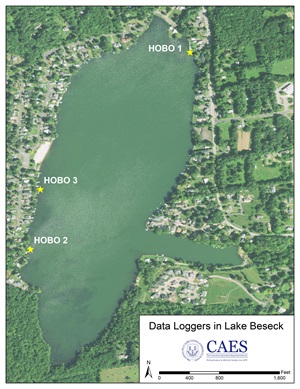 Locations of three data loggers in Lake Beseck, Middlefield
