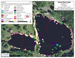 Survey map of Fence Rock Lake from 2023. Different colors indicate different plant species.