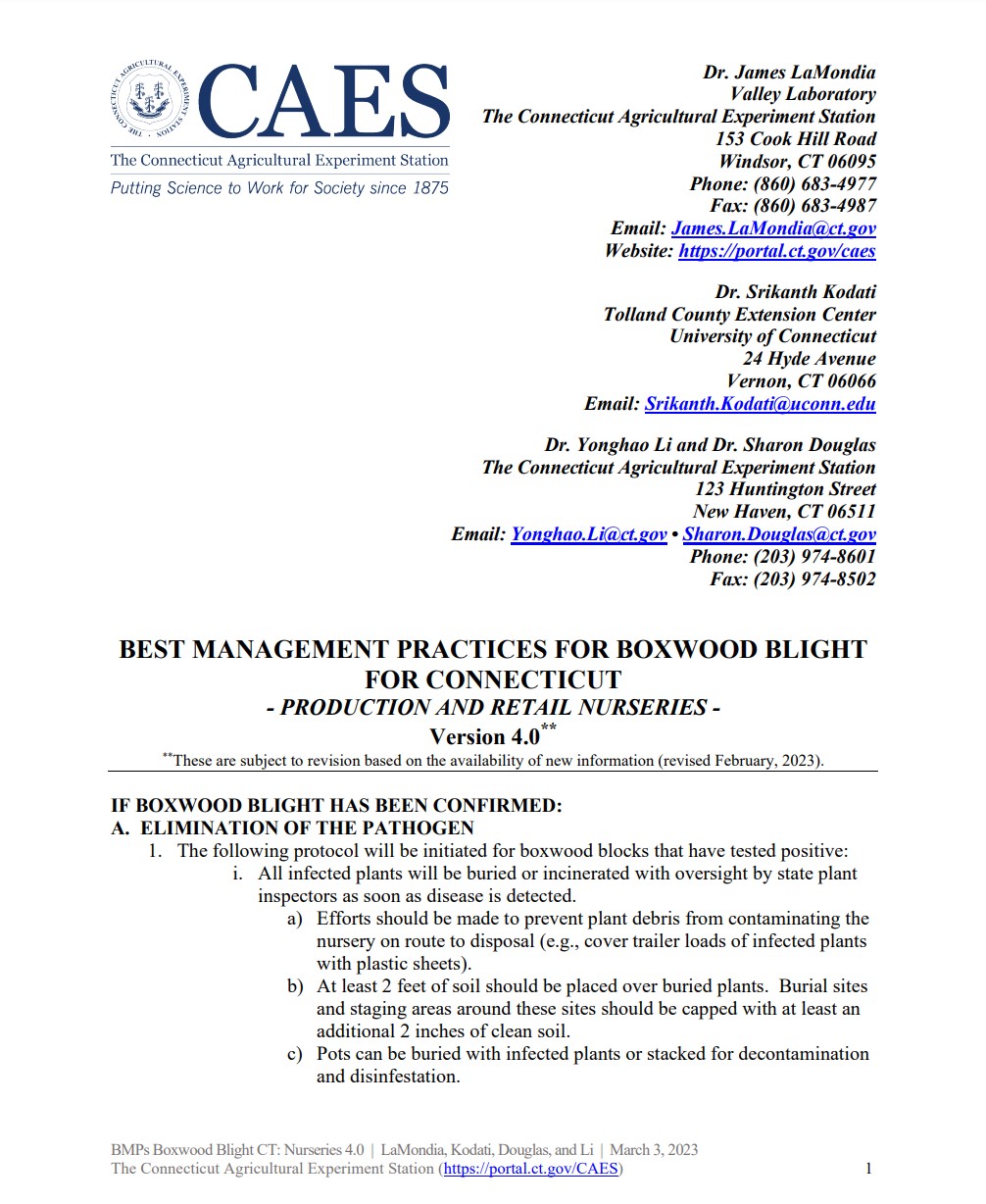 the first page of best management practice for boxwood blight for nurseries