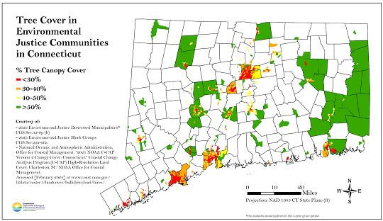 The image depicts the percent of tree cover canopy for Environmental Justice Distressed Municipalities and Environmental Justice Block Groups.