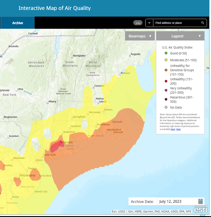 Map depicting bad air day in CT July 12, 2023
