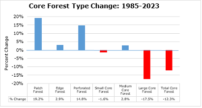 Chart depicting percentage increase or decrease of core forest type between 1985-2023.  Patch forest increased 19.2 percent, edge forest increased 2.9 percent, perforated forest increased 14.8 percent, small core forest decreased 1.6 percent, medium core forest increased 2.8 percent, large core forest decreased 17.5 percent, and total core forest decreased 12.3 percent.