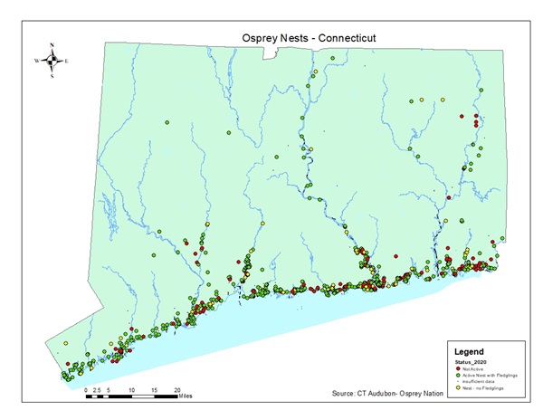 Map of Connecticut with status and location of Osprey nests - courtesy of CT Audubon