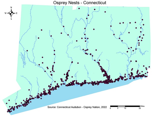map of Connecticut with osprey nests depicted for 2022