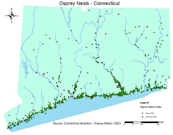 Map of Connecticut with locations of known osprey nests