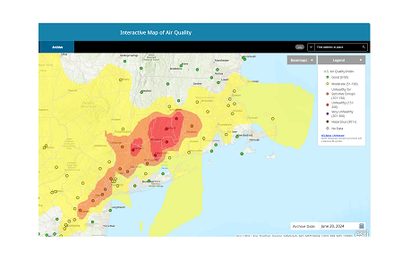 Map of southwest Connecticut depicting the air quality index for ozone.
