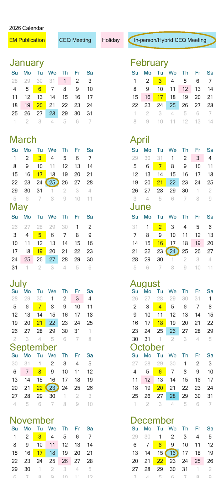 Calendar view of the publication dates for the Environmental Monitor and CEQ meetings scheduled for 2026