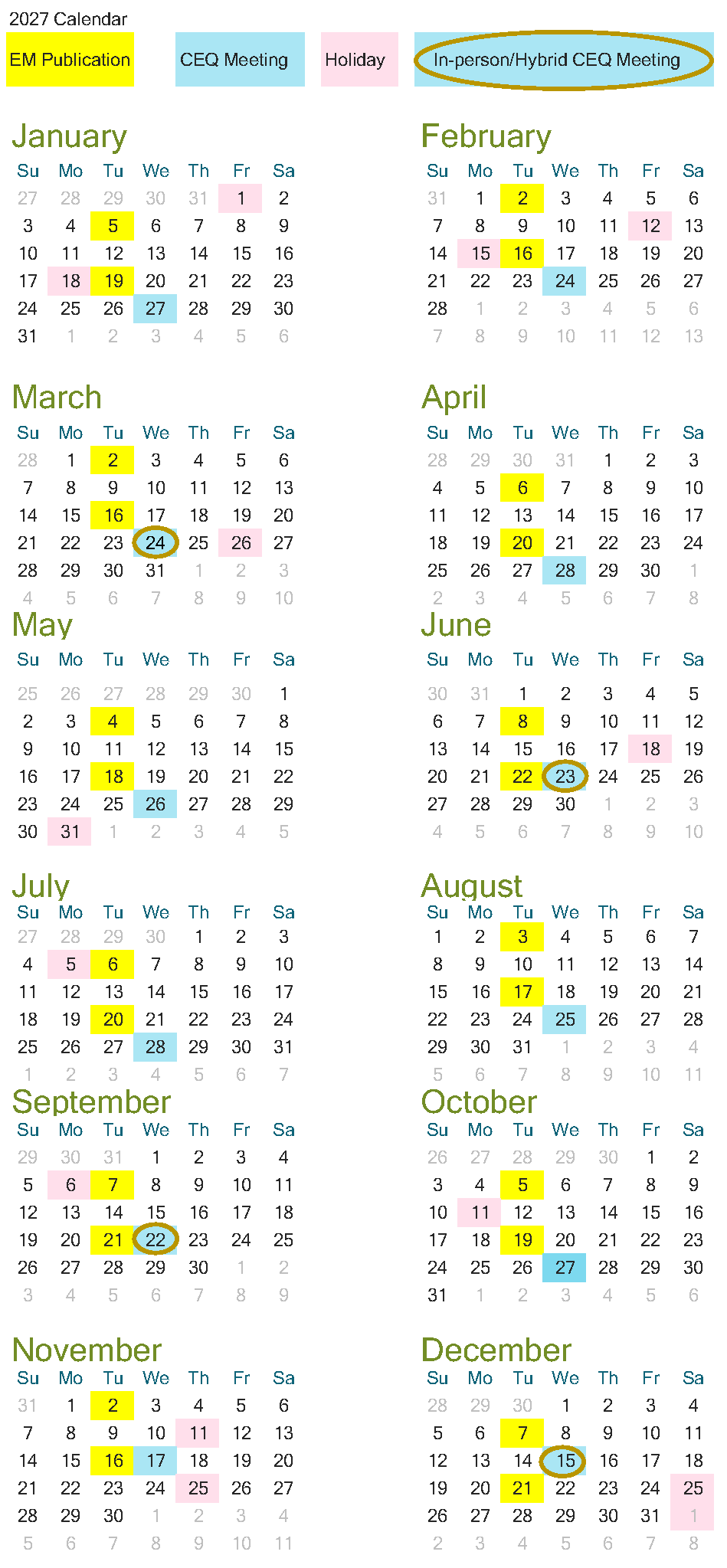 Calendar view of the publication dates for the Environmental Monitor and CEQ meetings scheduled for 2027