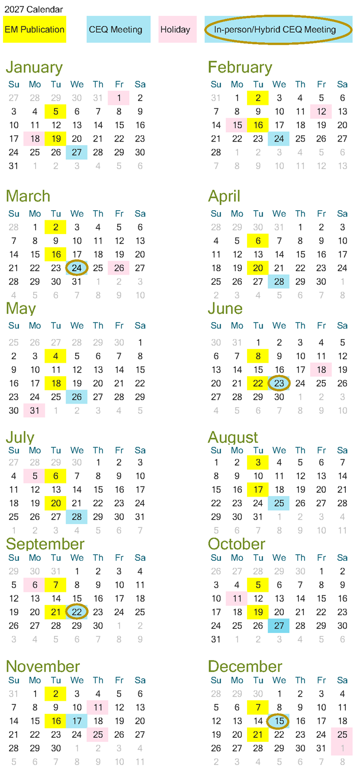 Calendar view of the publication dates for the Environmental Monitor and CEQ meetings scheduled for 2027