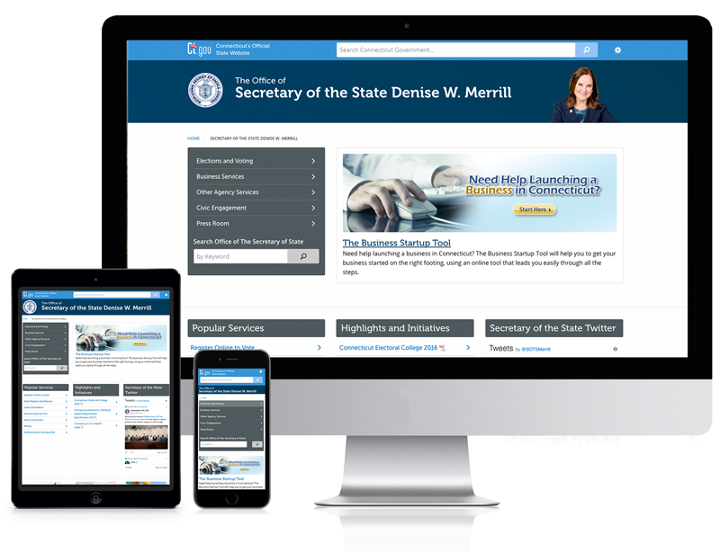 Screen shots of the Secretary of the State website displayed in a Desktop, Tablet, and Mobile Device