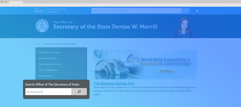 A screen shot of the Secretary of the State website highlighting the topic search