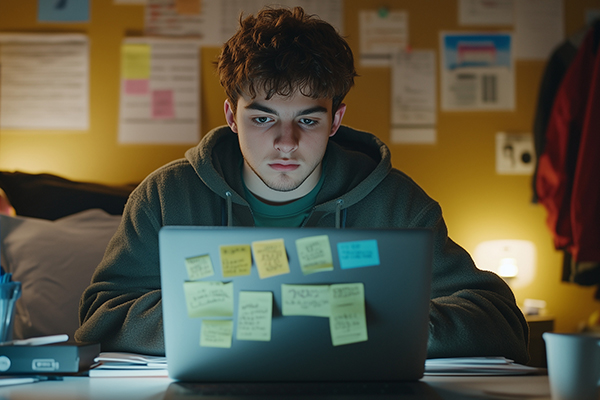 man in college dorm budgeting on laptop