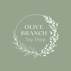 Floral circle on a sage-colored background that reads "Olive Branch Toy Shop"