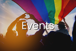 Silhouetted crowd of people outside hold a pride flag over their heads while one person makes a heart shape with their hands is overlaid with text that reads 'events.'