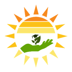 Sun Scholars Logo, a green hand holding a small leaf with a graduation cap inside an orange and yellow sun