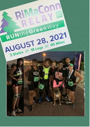 Image of several DCF staff participating in the RiMaConn Relay on August 28th.  Text reads "3 States/18 legs/95 miles"