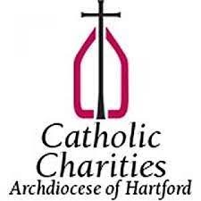Logo for Catholic Charities, Archdiocese of Hartford: a black cross over a tall maroon pentagon outline