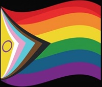 Cartoon image of the 2021 Pride Flag. This flag includes black and brown stripes, representing queer folks of color along with stripes the colors of the trans flag