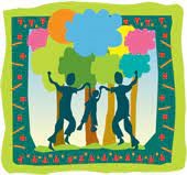 Silhouettes of parents swinging a child in a forest with a teal and lime green border