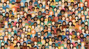 Graphic of a huge crowd of people of different races, genders, and ethnicities 