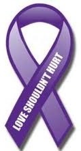 Graphic of a purple ribbon which reads "Love shouldn't hurt"