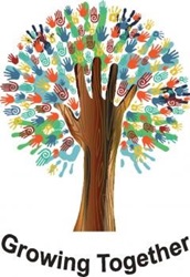 Art of a tree made of multicolored handprints which reads "Growing together"