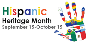 Text reads "Hispanic Heritage Month, September 15-October 15" and a handprint made up of flags from different Latin American countries 