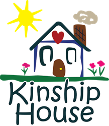 Drawing of a house with a heart, flowers and sunshine that reads "Kinship House"