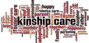 Word cloud of "Kinship Care" which includes words like "together," "family," and "happiness"