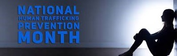 National Human Trafficking Awareness Month banner with a teen sitting forlornly to the corner