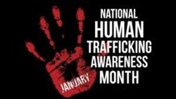 "National Human Trafficking Awareness Month" appears on a black background with a red handprint indicating January