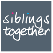 The words "siblings together" appears in white on a greyish blue background.  The dots to the two i's in "siblings" are blue and pink.