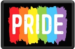 Clip art of rainbow paint on a black background with the word "pride" spelled in white and all caps