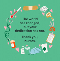 On a green background similar to the color of scrubs, the quote "The world has changed, but your dedication has not.  Thank you nurses," appears surrounded by different nursing-related objects, like thermometers and medication