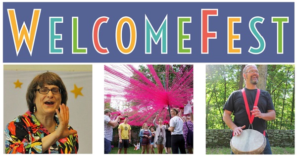 Multi-colored letters spelling WelcomeFest and 3 photos: close-up view of Sara deBeer storytelling, people stringing bright pink yarn, and Mark Zarrillo drumming
