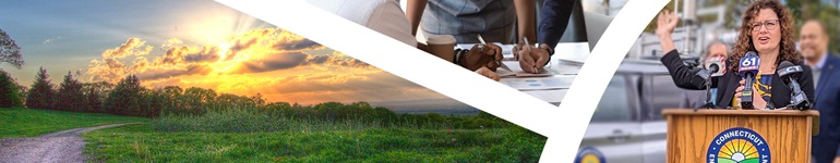 image collage of a landscape, people working, and the DEEP commissioner