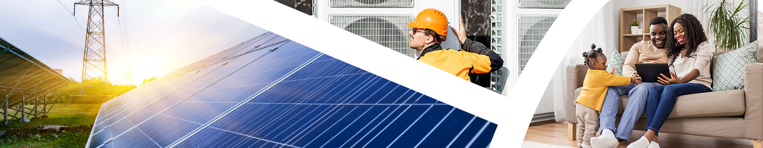 image collage of solar energy, heat pump, and family using computer