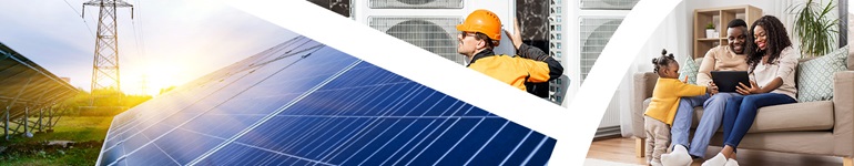 image collage of solar energy, heat pump, and family using computer