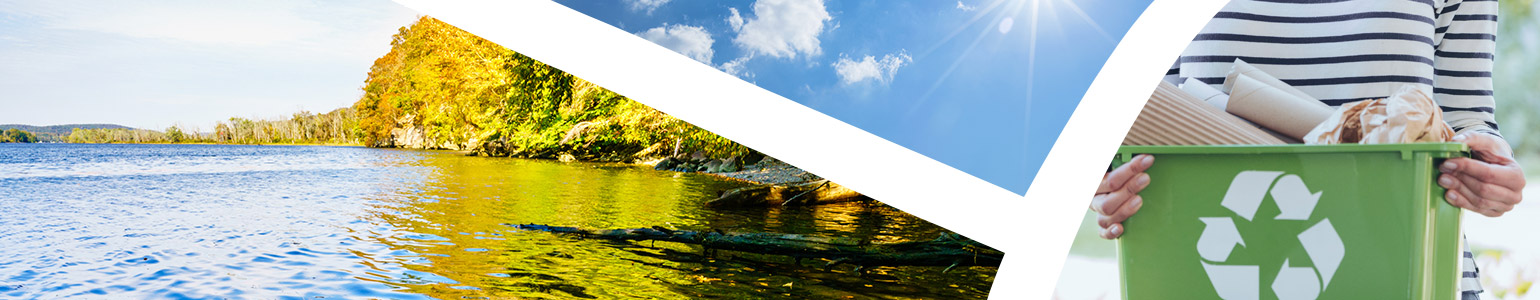 image collage of water, sky, and recycling